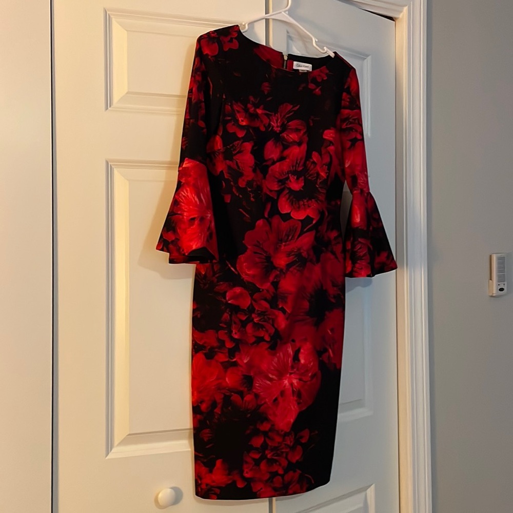 Calvin Klein size 6 mid length black and red floral dress